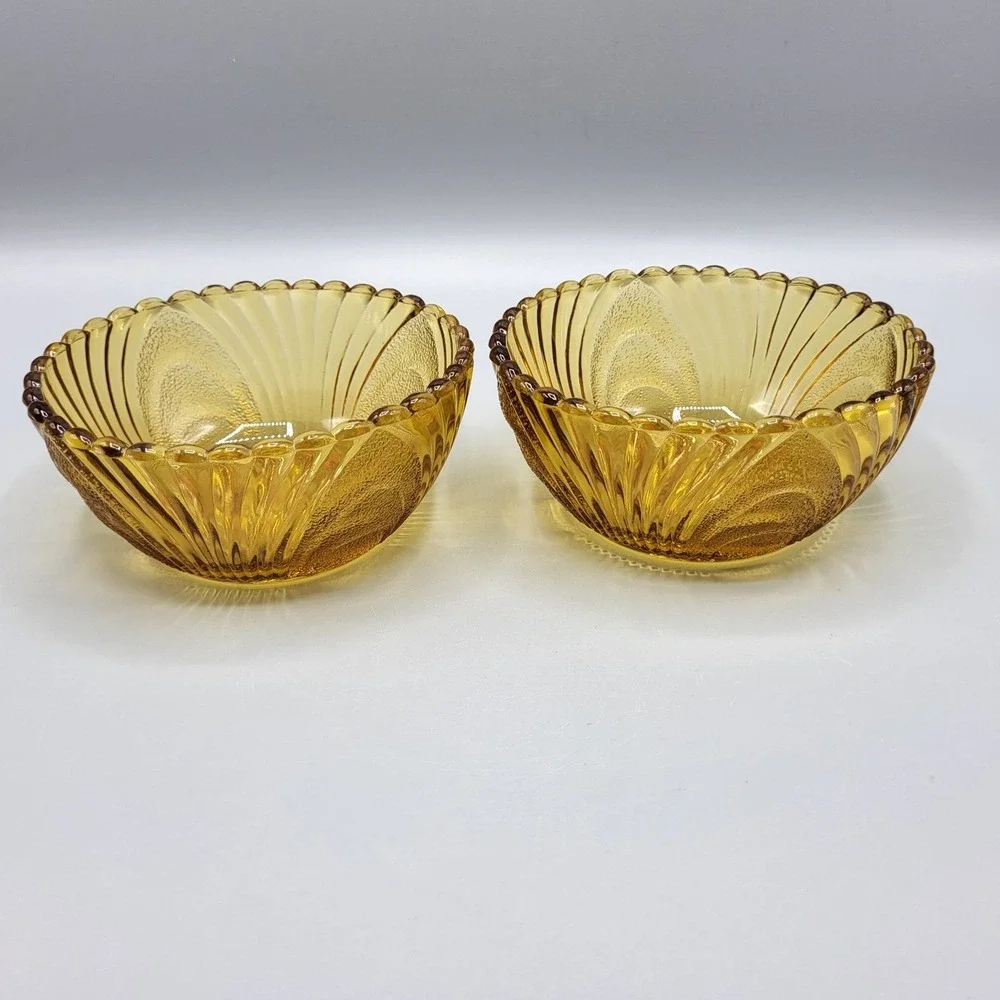 Vtg Amber Glass Dessert Bowls Set Of 2 Scalloped Edge Pressed Glass